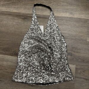 Zara Silver Sequin Halter Top
